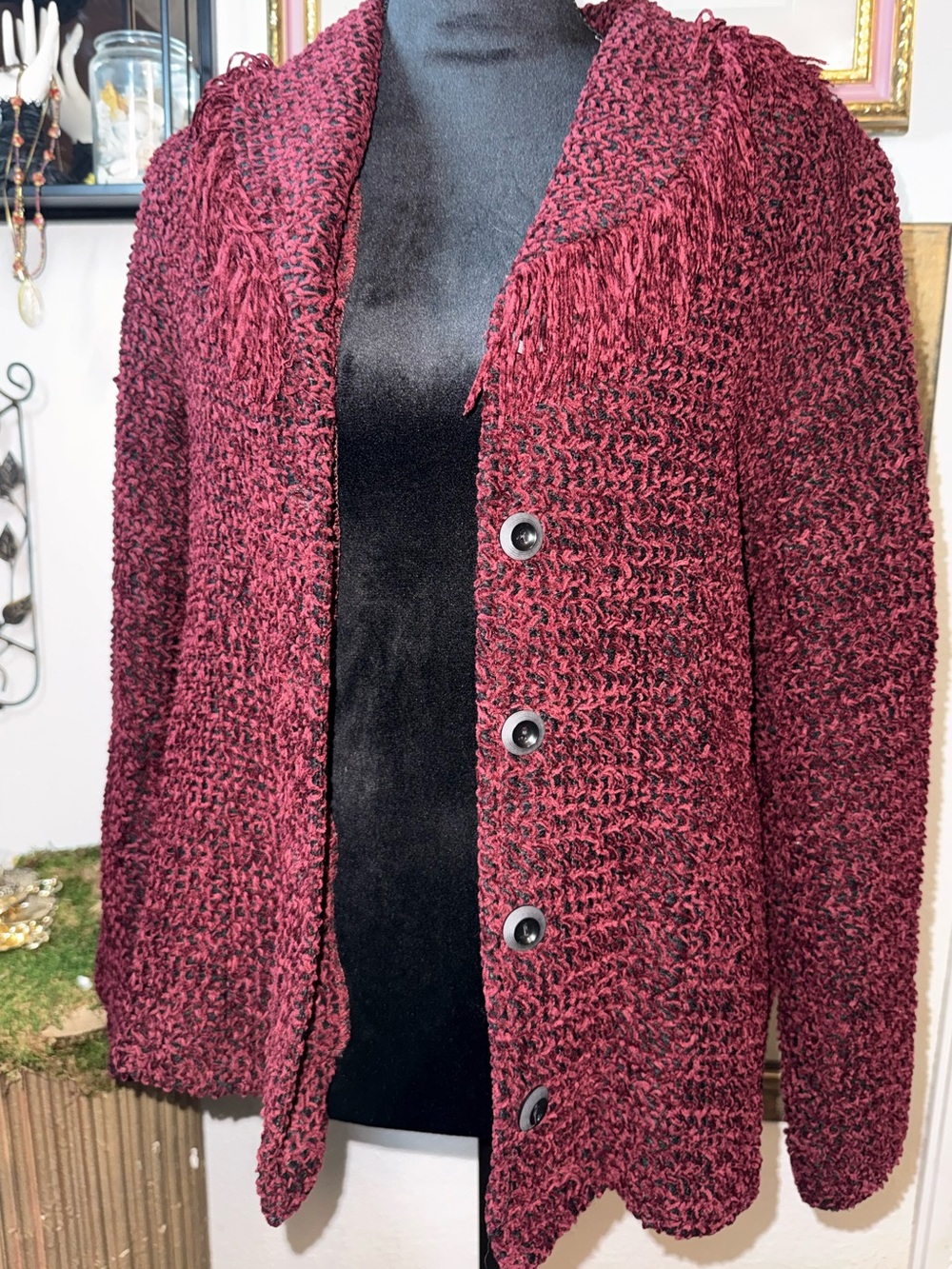 Vtg 90s Cynthia Max Chenille Fringe Cardigan Jacket | Burgundy Wine •Size M•